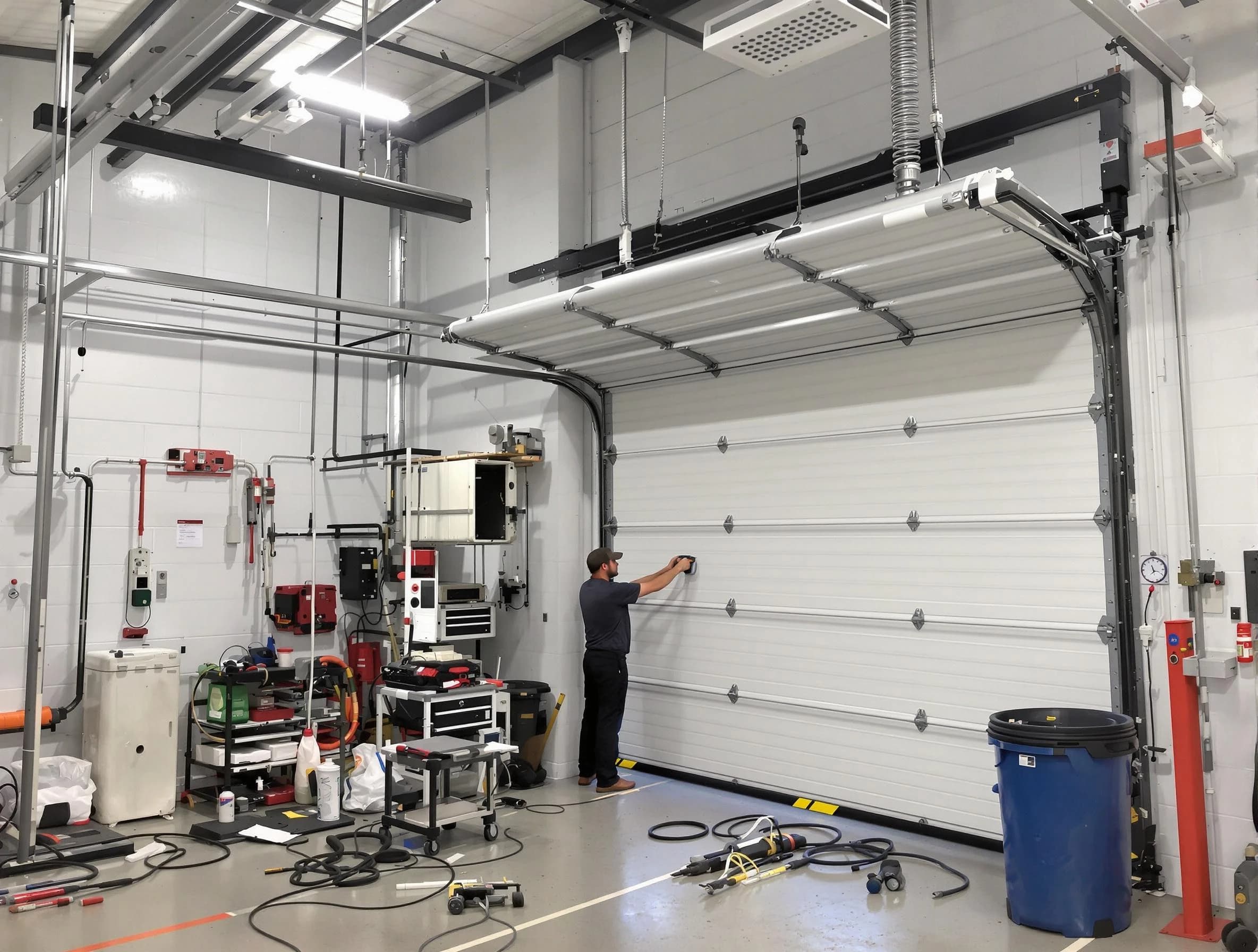 Roselle Garage Door Repair certified technician performing commercial door repair at a Roselle business facility