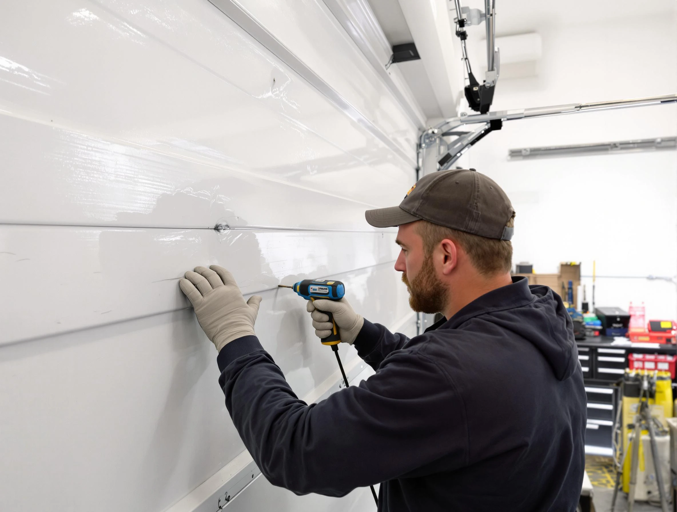 Roselle Garage Door Repair technician demonstrating precision dent removal techniques on a Roselle garage door